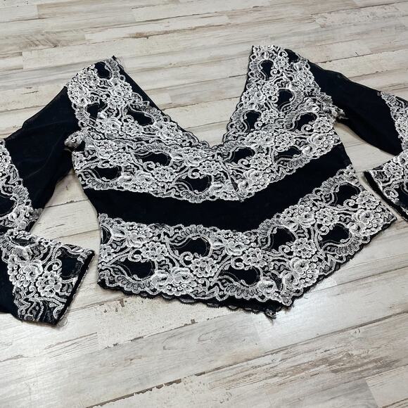 Boston Proper Black Lace Net Deep V Neck Back Shirt Top Pullover Size XL C101988 - Picture 1 of 6